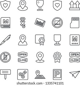 Thin Line Icon Set - parking vector, no mobile, laptop, plant label, heart shield, navigation, pin, fragile, up side sign, hook, barcode, sd, cut, place tag, sertificate, pen, menu, open close
