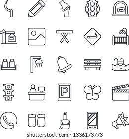 Thin Line Icon Set - parking vector, smoking place, ticket office, manager, pencil, butterfly, sickle, bench, picnic table, joint, traffic light, clapboard, mobile, gallery, themes, bell, pool