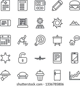 Thin Line Icon Set - parking vector, waiting area, ticket, plane, abacus, document, presentation board, pencil, sun, diagnosis, satellite, cell phone, stopwatch, calendar, panel, mountains, lock