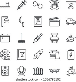 Thin Line Icon Set - parking vector, factory, fence, rake, sickle, picnic table, syringe, broken bone, clapboard, reel, microphone, speaker, stamp, pond, pool, children room, wine card, outdoor lamp