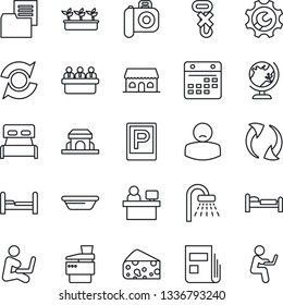 Thin Line Icon Set - parking vector, globe, bed, shower, meeting, manager place, seedling, patient, folder document, no hook, camera, update, calendar, root setup, news, copier, bedroom, bowl