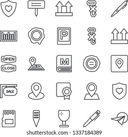 Thin Line Icon Set - parking vector, stamp, plant label, heart shield, navigation, pin, fragile, up side sign, no hook, barcode, sd, place tag, sertificate, pen, sale, menu, open close, paper plane