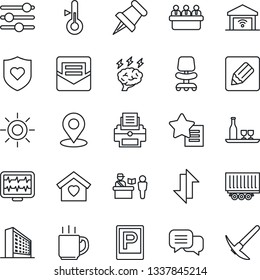 Thin Line Icon Set - parking vector, passport control, office building, chair, brainstorm, meeting, sun, monitor pulse, heart shield, truck trailer, dialog, favorites list, paper pin, tuning, mail