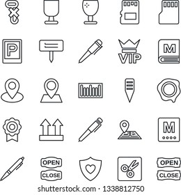 Thin Line Icon Set - parking vector, vip, pen, stamp, plant label, heart shield, navigation, pin, fragile, up side sign, no hook, barcode, sd, cut, sertificate, menu, open close