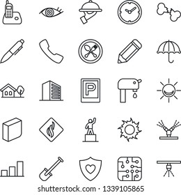 Thin Line Icon Set - parking vector, spoon and fork, office building, pedestal, pen, pencil, shovel, sun, heart shield, eye, broken bone, umbrella, radio phone, call, clock, bar graph, blank box
