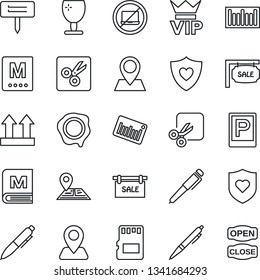Thin Line Icon Set - parking vector, no laptop, vip, pen, stamp, plant label, heart shield, navigation, pin, fragile, up side sign, barcode, sd, cut, sale, menu, open close