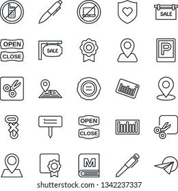 Thin Line Icon Set - parking vector, no mobile, laptop, pen, stamp, plant label, heart shield, navigation, pin, hook, barcode, cut, place tag, sertificate, sale, menu, open close, paper plane