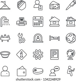 Thin Line Icon Set - parking vector, reception, globe, bed, shower, pen, meeting, house, patient, shield, network, speaker, user, calendar, root setup, printer, steak, bowl, cheese, information