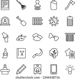 Thin Line Icon Set - parking vector, reception, stamp, clouds, flight table, job, fence, rake, tree, sickle, axe, joint, broken bone, virus, speaker, favorites list, battery, mobile, themes, pencil