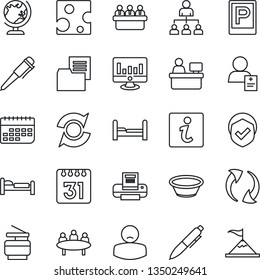 Thin Line Icon Set - parking vector, globe, bed, hierarchy, pen, meeting, manager place, statistic monitor, patient, term, folder document, shield, update, calendar, printer, copier, bedroom, bowl