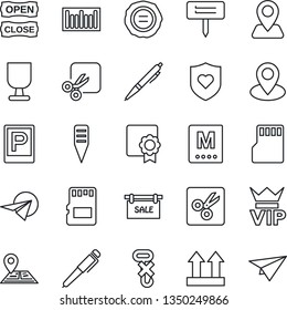 Thin Line Icon Set - parking vector, vip, stamp, plant label, heart shield, navigation, pin, fragile, up side sign, no hook, barcode, sd, cut, sertificate, pen, sale, menu, open close, paper plane