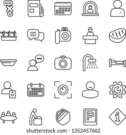 Thin Line Icon Set - parking vector, baby room, reception, bed, shower, meeting, seedling, patient, term, no hook, shield, camera, dialog, speaker, user, root setup, news, steak, bowl, eye scan