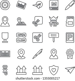 Thin Line Icon Set - parking vector, vip, pen, stamp, plant label, heart shield, navigation, pin, fragile, up side sign, no hook, barcode, sd, cut, place tag, sertificate, menu, open close