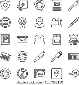 Thin Line Icon Set - parking vector, no mobile, laptop, vip, pen, stamp, heart shield, pin, up side sign, barcode, sd, cut, place tag, sertificate, sale, menu, open close, paper plane