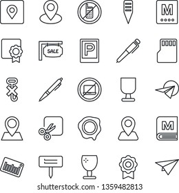 Thin Line Icon Set - parking vector, no mobile, laptop, stamp, plant label, navigation, pin, fragile, hook, barcode, sd, cut, place tag, sertificate, pen, sale, menu, paper plane