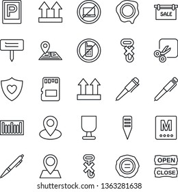 Thin Line Icon Set - parking vector, no mobile, laptop, pen, stamp, plant label, heart shield, navigation, pin, fragile, up side sign, hook, barcode, sd, cut, sale, menu, open close