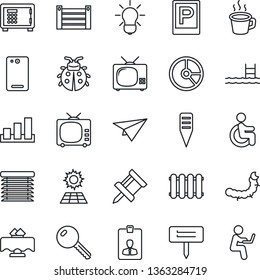 Thin Line Icon Set - parking vector, safe, identity card, circle chart, lady bug, plant label, caterpillar, disabled, container, sorting, tv, phone back, coffee, drawing pin, pool, sun panel, key