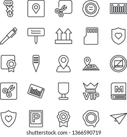 Thin Line Icon Set - parking vector, no laptop, vip, stamp, plant label, heart shield, navigation, fragile, up side sign, hook, barcode, sd, cut, place tag, sertificate, pen, menu, paper plane