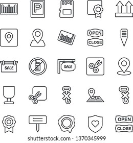 Thin Line Icon Set - parking vector, no mobile, stamp, plant label, heart shield, navigation, fragile, up side sign, hook, barcode, sd, cut, place tag, sertificate, sale, open close