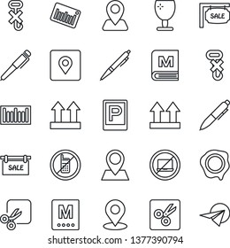 Thin Line Icon Set - parking vector, no mobile, laptop, pen, stamp, navigation, pin, fragile, up side sign, hook, barcode, cut, place tag, sale, menu, paper plane
