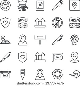 Thin Line Icon Set - parking vector, no mobile, vip, pen, stamp, plant label, heart shield, navigation, pin, up side sign, place tag, sertificate, sale, open close, paper plane