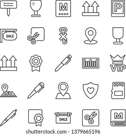 Thin Line Icon Set - parking vector, vip, pen, plant label, heart shield, navigation, pin, fragile, up side sign, no hook, barcode, sd, cut, place tag, sertificate, sale, menu