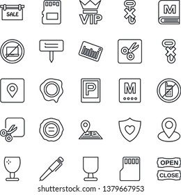 Thin Line Icon Set - parking vector, no mobile, laptop, vip, stamp, plant label, heart shield, navigation, pin, fragile, hook, barcode, sd, cut, place tag, pen, sale, menu, open close