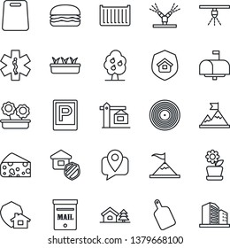 Thin Line Icon Set - parking vector, seedling, ambulance star, mobile tracking, cargo container, vinyl, house with tree, mailbox, fruit, flower in pot, crane, estate insurance, hamburger, cheese