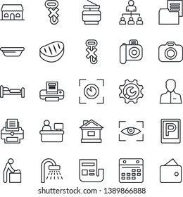 Thin Line Icon Set - parking vector, baby room, bed, shower, hierarchy, manager place, house, folder document, no hook, camera, user, calendar, root setup, news, printer, copier, cafe building, bowl