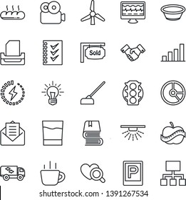 Thin Line Icon Set - parking vector, handshake, coffee, circle chart, hoe, monitor pulse, heart diagnostic, diet, traffic light, mail, video, charge, bar graph, checklist, paper tray, book, windmill