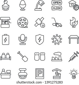 Thin Line Icon Set - parking vector, manager place, job, factory, lawn mower, fire, well, syringe, virus, satellite, reel, microphone, protect, desk lamp, stamp, table, estate insurance, egg stand