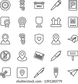 Thin Line Icon Set - parking vector, no mobile, pen, stamp, plant label, heart shield, navigation, pin, fragile, up side sign, hook, barcode, cut, place tag, sertificate, sale, menu, paper plane