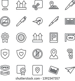 Thin Line Icon Set - parking vector, no mobile, laptop, pen, stamp, heart shield, navigation, fragile, up side sign, hook, barcode, cut, place tag, sertificate, sale, open close, paper plane