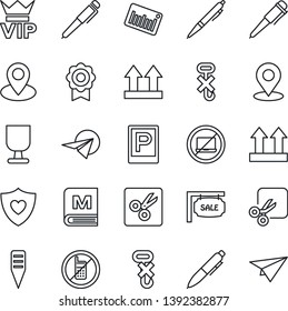 Thin Line Icon Set - parking vector, no mobile, laptop, vip, pen, plant label, heart shield, pin, fragile, up side sign, hook, barcode, cut, place tag, sertificate, sale, menu, paper plane
