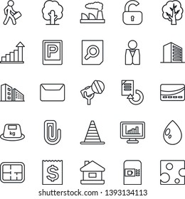 Thin Line Icon Set - parking vector, coffee machine, border cone, office building, growth statistic, document search, factory, reload, tree, water drop, receipt, heavy, microphone, paper clip, mail