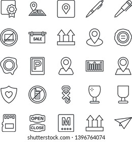 Thin Line Icon Set - parking vector, no mobile, laptop, pen, stamp, heart shield, navigation, pin, fragile, up side sign, hook, barcode, sd, place tag, sertificate, sale, menu, open close