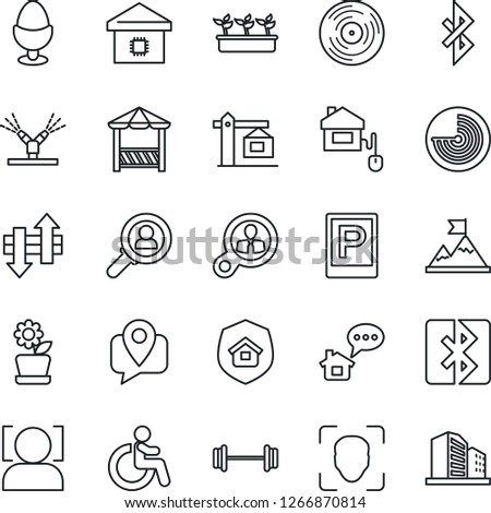 Thin Line Icon Set - parking vector, disabled, radar, seedling, barbell, mobile tracking, vinyl, data exchange, bluetooth, face id, smart home, flower in pot, crane, estate insurance, egg stand