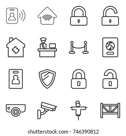 thin line icon set : pass card, wireless home, lock, unlock, smart house, customs control, vip fence, passport, identity, shield, locked, unlocked, surveillance camera, scarecrow, farm