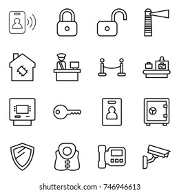 thin line icon set : pass card, lock, unlock, lighthouse, smart house, customs control, vip fence, baggage checking, atm, key, identity, safe, shield, life vest, intercome, surveillance camera