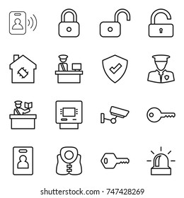 thin line icon set : pass card, lock, unlock, smart house, customs control, protected, security man, inspector, atm, surveillance, key, identity, life vest, alarm