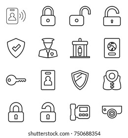 thin line icon set : pass card, lock, unlock, protected, security man, detector, passport, key, identity, shield, life vest, locked, unlocked, intercome, surveillance camera
