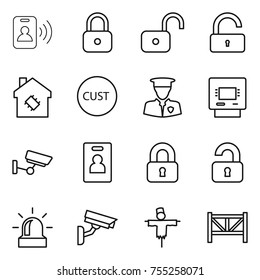 thin line icon set : pass card, lock, unlock, smart house, customs, security man, atm, surveillance, identity, locked, unlocked, alarm, camera, scarecrow, farm fence
