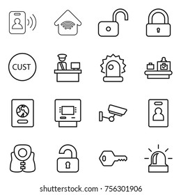 Thin line icon set : pass card, wireless home, unlock, lock, customs, control, alarm, baggage checking, passport, atm, surveillance, identity, life vest, unlocked, key