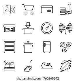 Thin line icon set : pass card, cart, credit, mall, gas station, package, barometer, wireless, rack, pan, fridge, coffee seeds, harvester, scoop, iron, bug