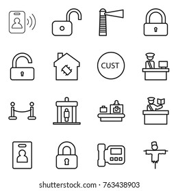 Thin line icon set : pass card, unlock, lighthouse, lock, smart house, customs, control, vip fence, detector, baggage checking, inspector, identity, locked, intercome, scarecrow