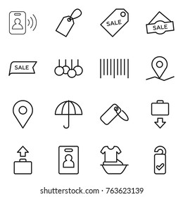 Thin line icon set : pass card, label, sale, bar code, geo pin, dry cargo, baggage get, identity, handle washing, please clean