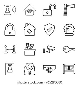 Thin line icon set : pass card, wireless home, unlock, lighthouse, lock, smart house, protected, alarm, vip fence, inspector, surveillance, key, identity, life vest, camera, farm