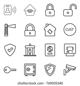 Thin line icon set : pass card, wireless home, lock, unlock, lighthouse, smart house, customs, protected, detector, passport, atm, key, safe, shield, surveillance camera