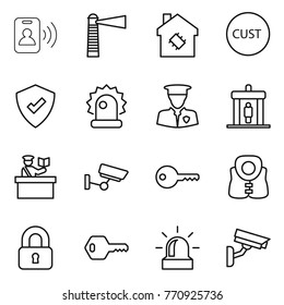 Thin line icon set : pass card, lighthouse, smart house, customs, protected, alarm, security man, detector, inspector, surveillance, key, life vest, locked, camera