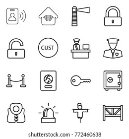 Thin line icon set : pass card, wireless home, lighthouse, lock, unlock, customs, control, security man, vip fence, passport, key, safe, life vest, alarm, scarecrow, farm